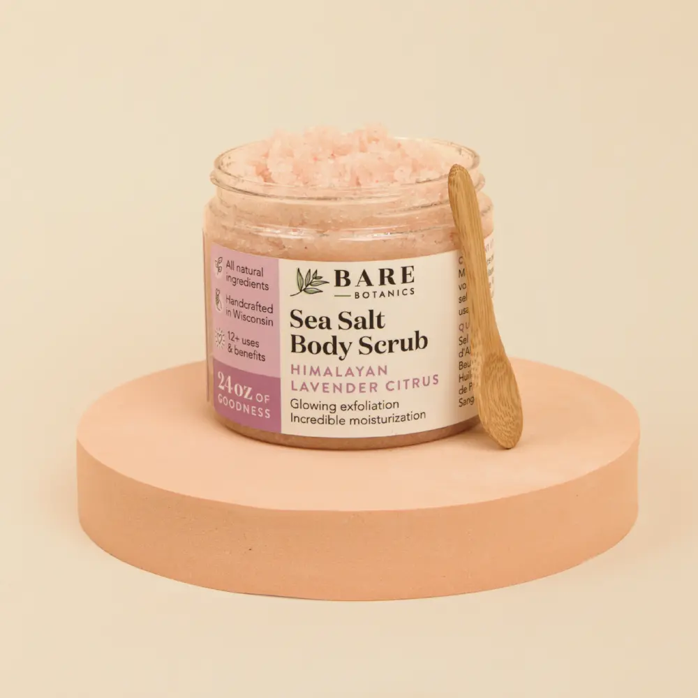 Bare Botanics All Natural Himalayan Sea Salt Body Scrub 24 oz Lavender Citrus, Double Exfoliating & Ultra Moisturizing Hydrating Skin Polish with Jojoba, Argan & Shea Butter, Vegan & Cruelty-Free