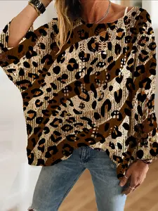 Women's Vintage Casual Leopard Print Knit Top, Round Neck Long Sleeve Hollow Out Sweater, Comfortable Breathable Loose Fit