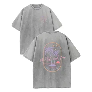 Men's Heavyweight 230g Washed Cotton T-Shirt, Retro Surf Style Tropical Beach Sunset Palm Tree Print, Light Pink & Orange Vintage Design,Loose Casual Crew Neck Short Sleeve, Soft Breathable Summer Top for Vacation & Daily Wear Menswear graphic tee t shirt