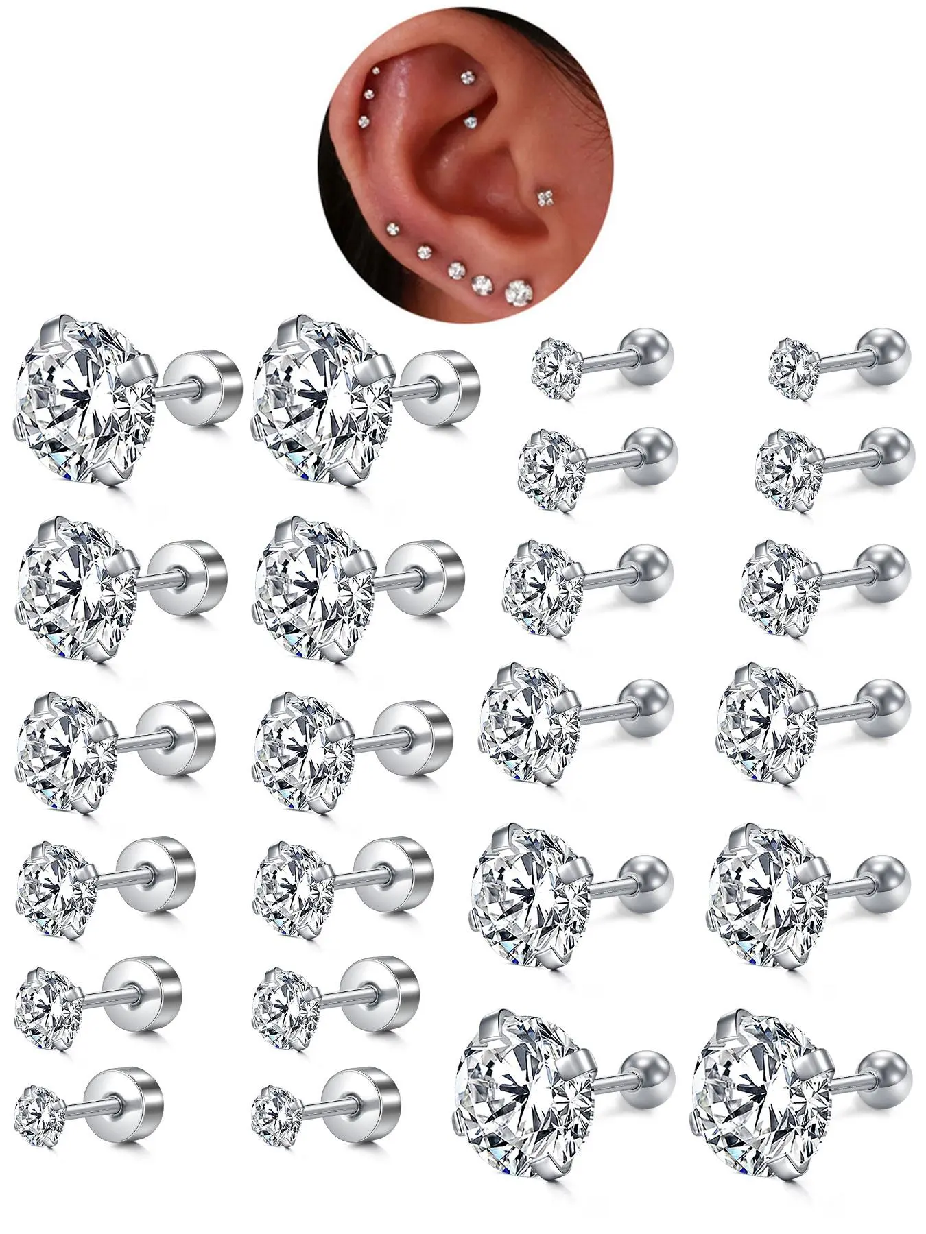Zircon Decor Earring Sets, Stainless Steel Ear Bone Studs, Ear Cartilage Piercing Earrings, Body Piercing Jewelry for Women & Men, Artificial Zircon Earrings