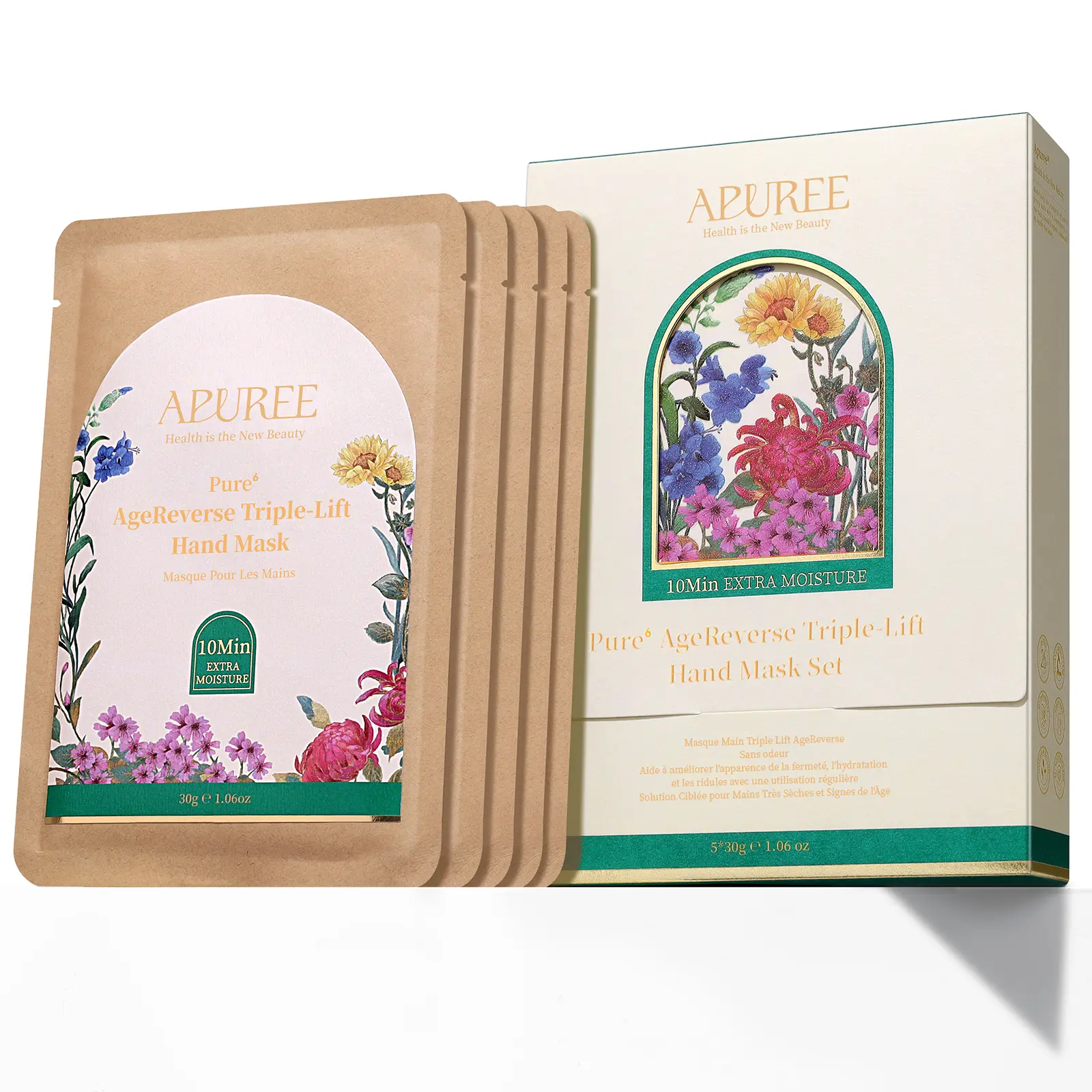Apuree Collagen Hand Mask Gloves: 5 Pairs (30g Each) | 10-Min Intensive Repair & Deep Hydration | For Dry, Cracked Hands | Enriched with 7 Peptides & Collagen | Vegan, Cruelty-Free Spa Gift Set