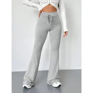Retro grey tie-waist flare-leg sweatpants for tall women, casual graduation and back-to-school outfit
