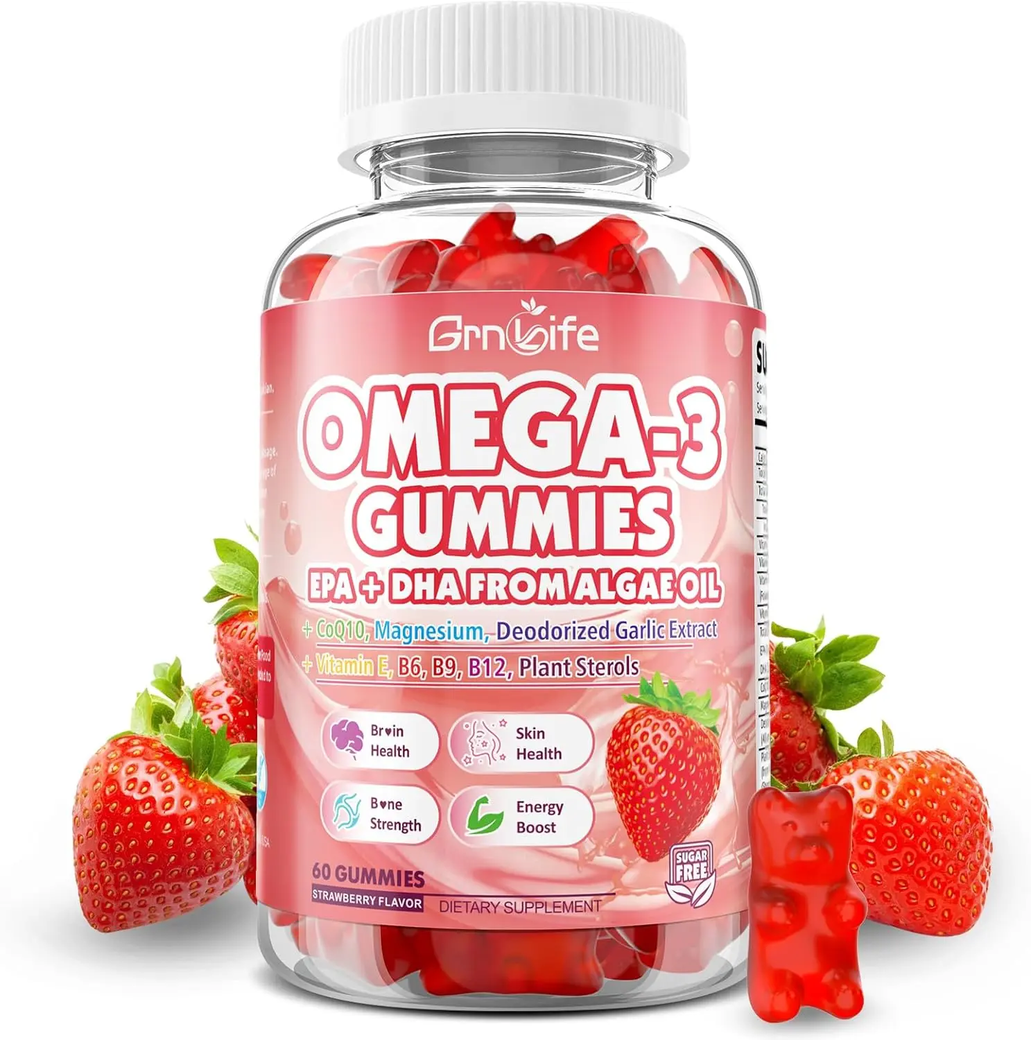 Vegan Omega 3 Gummies 1000mg + CoQ10 + Magnesium - w/Algae EPA 600mg & DHA 400mg, Fish Oil Omega-3 Supplements Alternative for Adults, for Brain, Eye, Immune Health, Strawberry Flavor