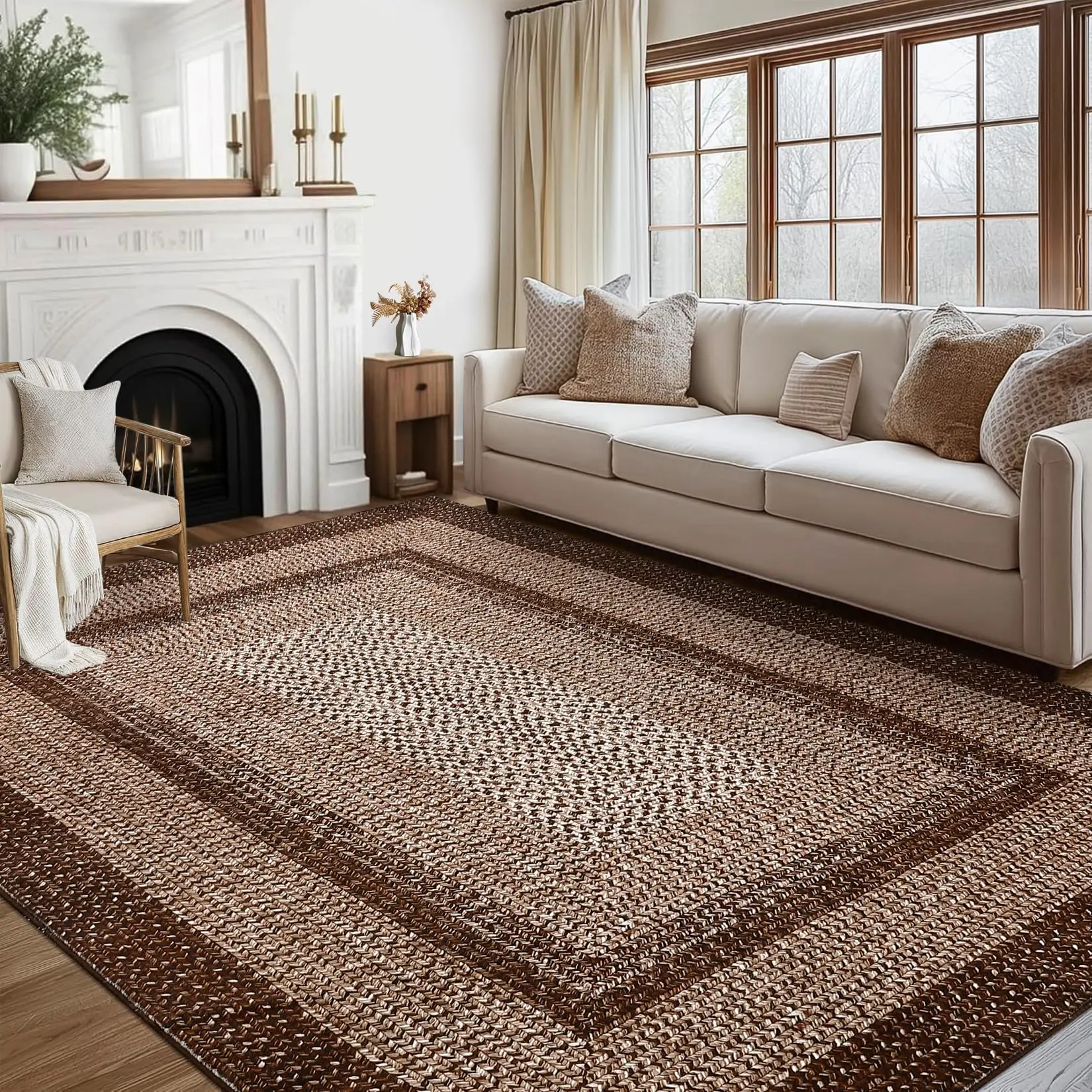 【GARVEE】9x12 Large Washable Braided Living Room Rug with Non-Slip Backing, Rustic Indoor Accent Carpet Featuring Braided Print and Border Design for Bedroom and Home Decor in Brown