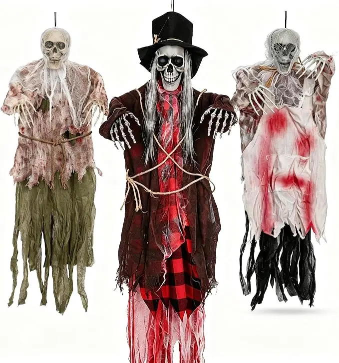 3 Pack Halloween Hanging Skeleton Decorations, 60" Gentleman Reaper + Two 31.5" Scary Ghosts, Posable Indoor Outdoor Decor for Yard, Porch, Tree and Halloween Parties