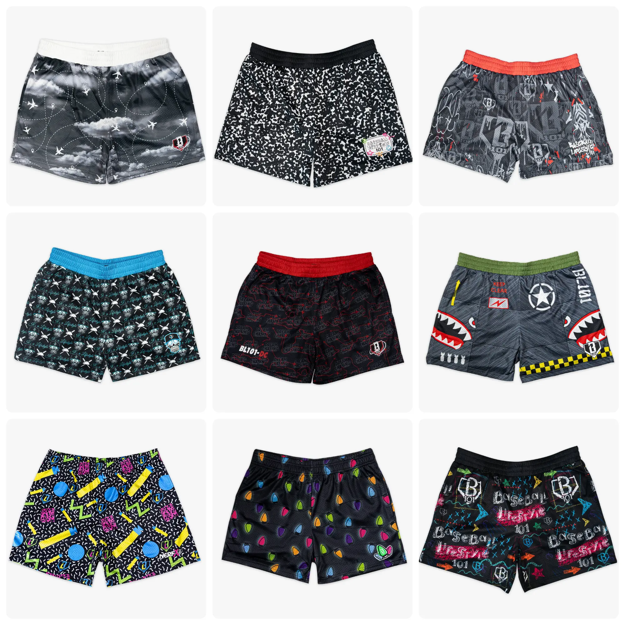 Baseball 101 Graphic Mesh Shorts - Luxury Streetwear & Athletic Gym Bottoms with Fighter Jet Shark Mouth, Retro Composition Notebook, Flight Path Map, Neon Graffiti Designs