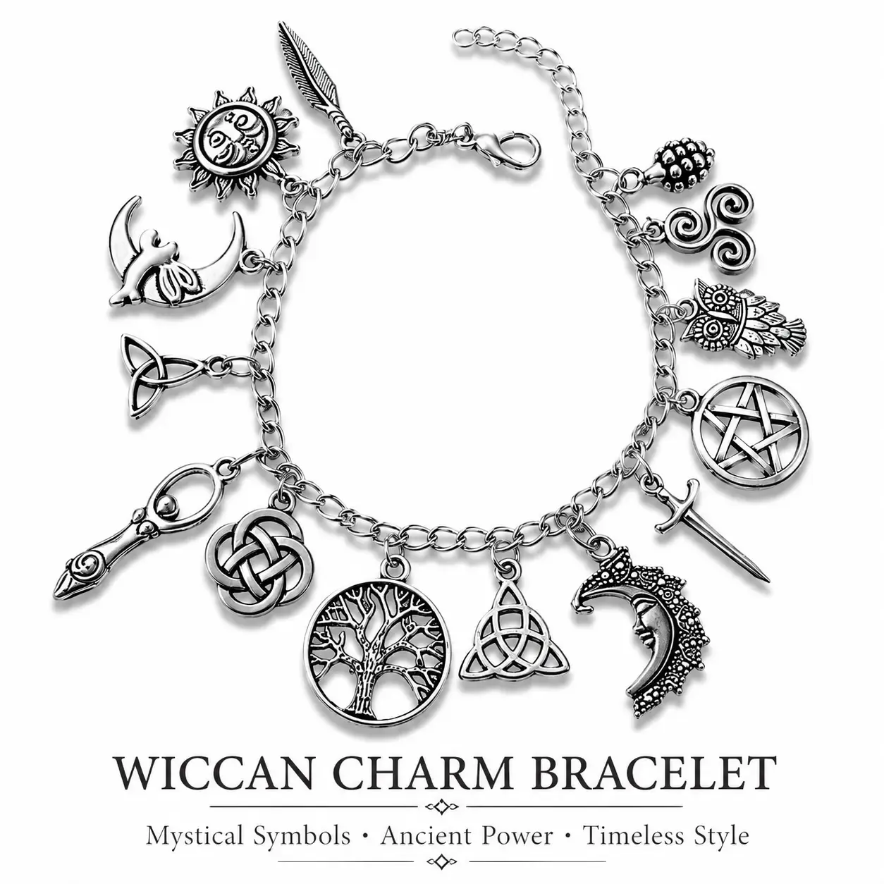 Vintage Witchy Charm Bracelet - Silver-Tone Pagan-Inspired Jewelry with Moon, Sun, Tree of Life, Owl, Pentagram Charms - Celestial Gothic Boho Gift (Celestial Theme, Dark Romance Vintage, Moon and Sun Symbol, Mystery Bracelets & Bangles),