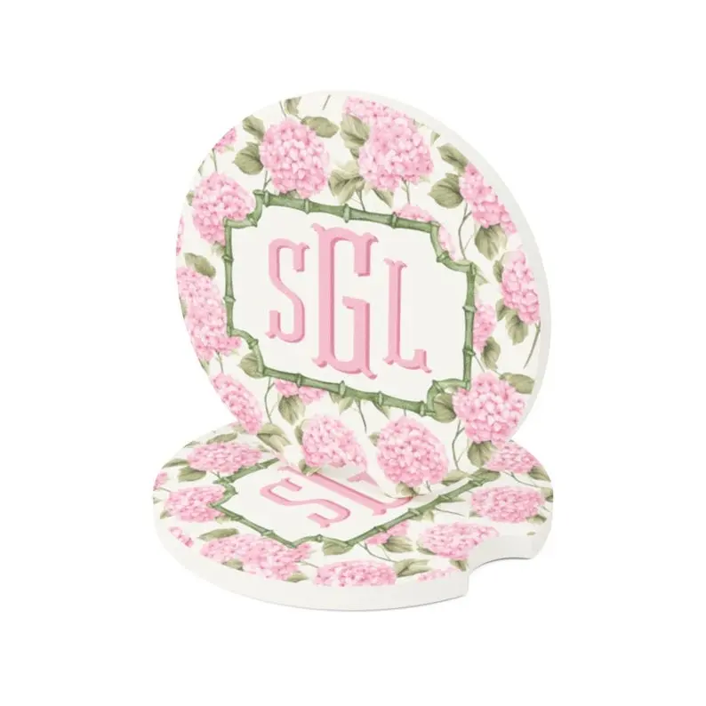 Pink Hydrangea Car Coasters, Custom Monogram Sandstone Auto Accessories