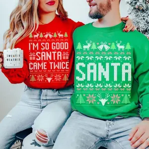 The Original Unisex Funny Couples Matching Ugly Christmas Sweater, Santa Twice, Christmas Pajamas, Couple Sweatshirt - LORA ATCHER