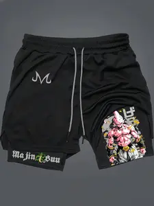 Dragon Ball Majin Buu Print 2-In-1 Drawstring Waist Shorts, Quick-Dry Swim Trunks, Loose Fit with Pockets, Ideal for Summer & Workout, Streetwear Sports Shorts