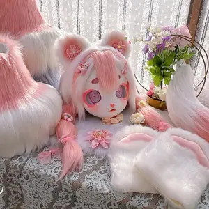 Fursuit Kigurumi Furry Cosplay Costume Pink Little Bear Head Paw Tail Shoes Comiket Furries Doll Kig for Kids Adults Dress up