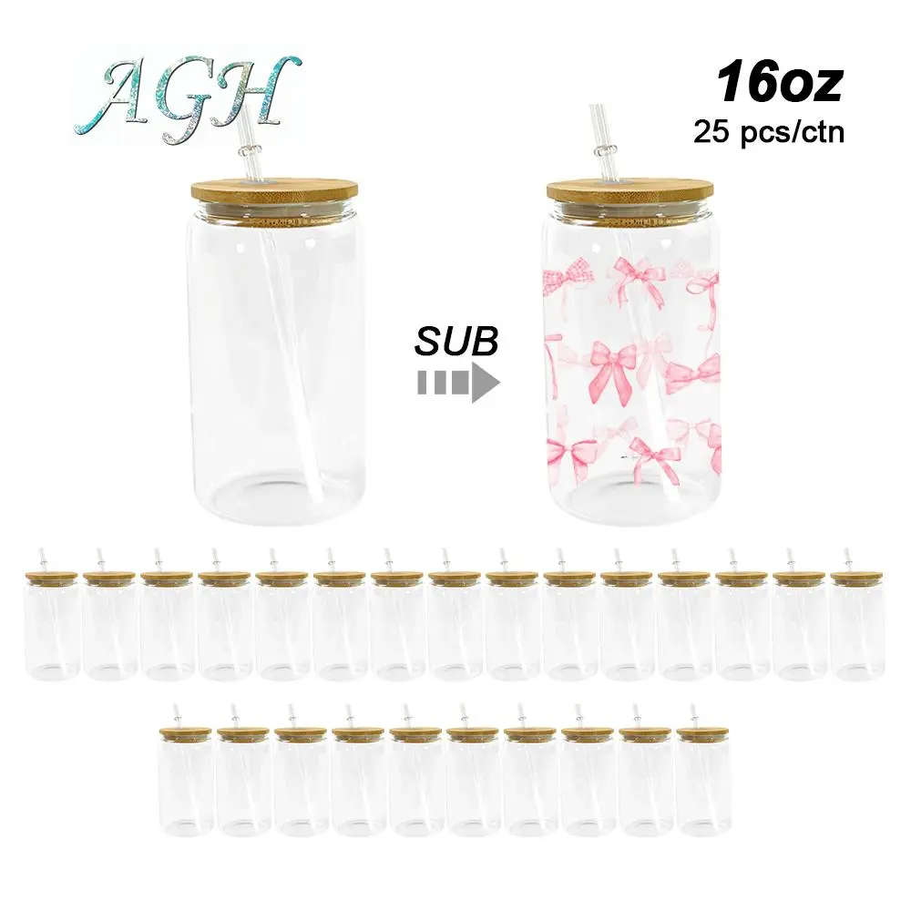 AGH 25pcs 16 oz Sublimation Glass Cup Clear Matte Can with Bamboo Lid for Summer Ice Cream Juice Soda Soft beer Beverage Liquor Drinks Drinkware Mug