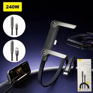 NEW 240W fast charging cable, with phone holder, 90° bent connector, 360° rotation, multi-angle adjustment, foldable phone tripod, equipped with fast charging cable; suitable for gaming, office, car travel, compatible with iPhone, Samsung, Type-C charging