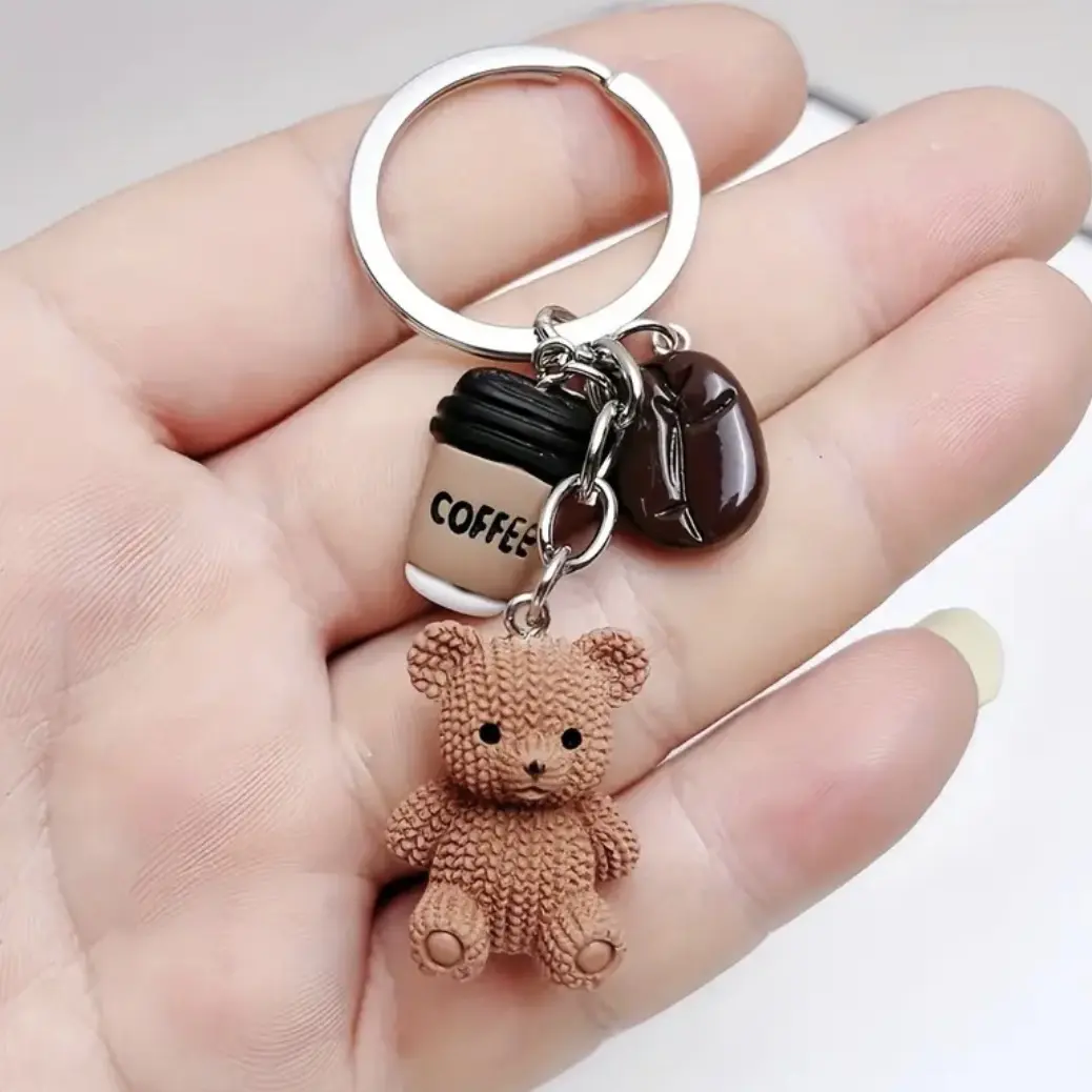 Cute Teddy Bear Coffee Charm Keychain, Cute Charms Keychain, Trendy Cute Keychain, Metal Ring Closure, Birthday Gift for Coffee Lovers, Party Favors, Bag Decor, Cute Keychain Accessory, Key Chain Decorations