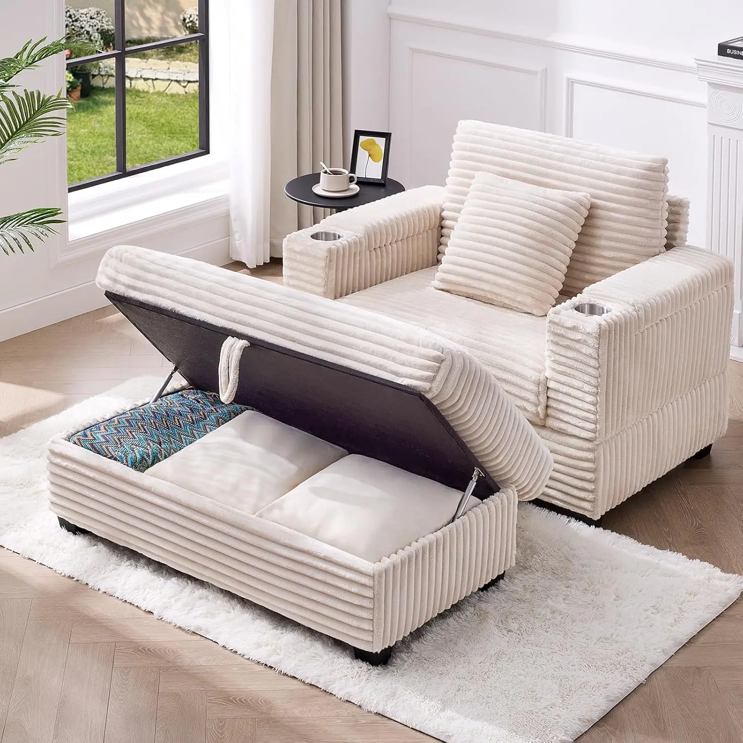 【SummerFinds】ONBRILL Convertible Sofa Bed - Corduroy Fluffy Oversized Sofa with Ottoman, 44" Wide Seat, Cup Holders, USB Port, Storage Arms, Easy Assembly for Living Room, Apartment, Convertable Sofa Bed, Corduroy Fluffy Sofa