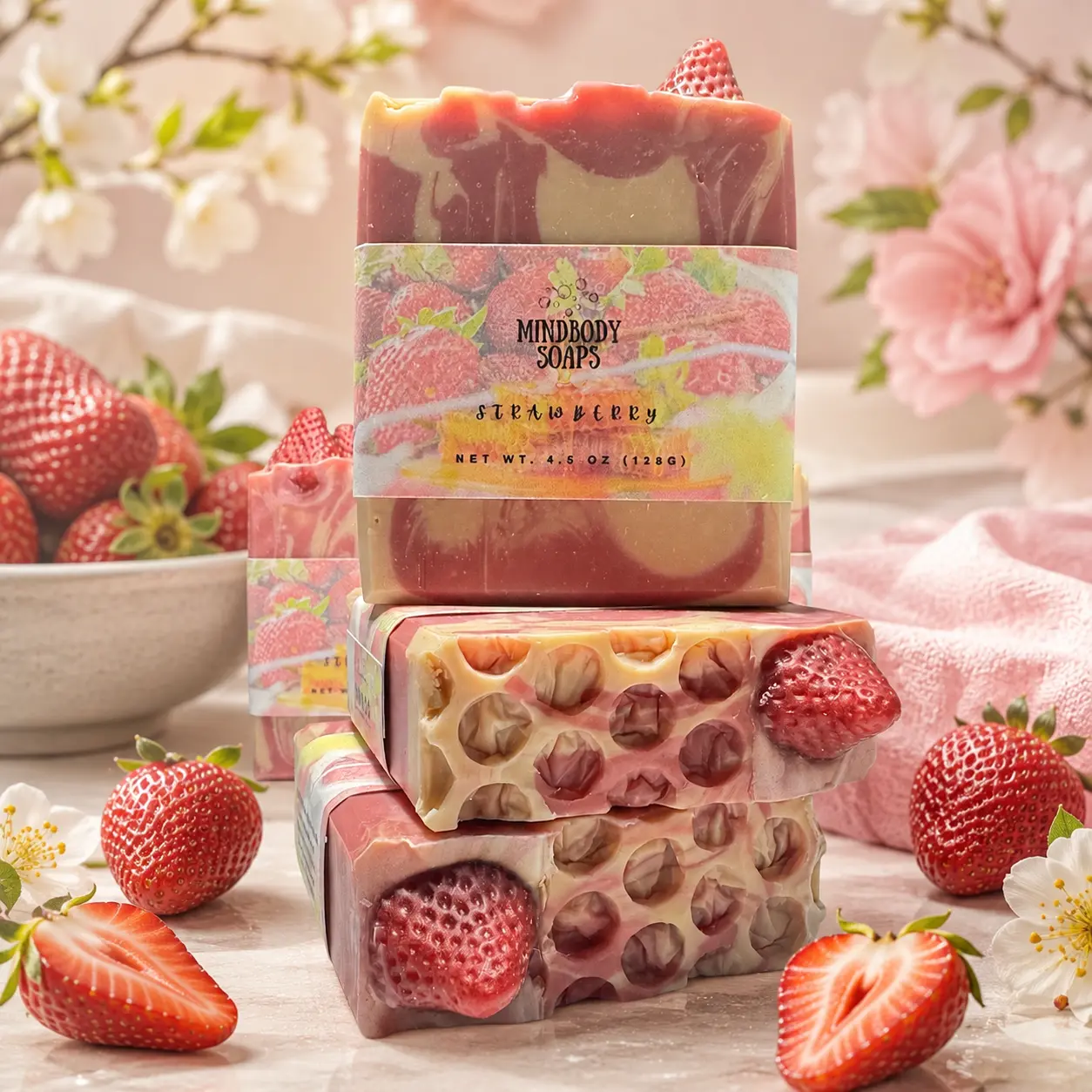 Strawberry Tallow Soap with Goat Milk, Honey & Oatmeal | Handmade Cold Process Soap Bar | Sweet Fruity Gift Soap