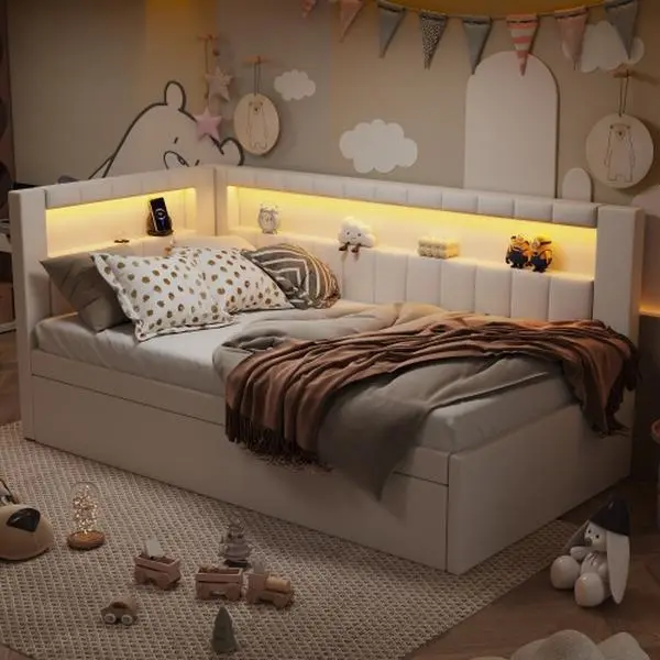 Bellemave Upholstered Twin Full Size Platform Bed with USB Ports LED Belt Trundle 2 Drawers Cloud Design 7 Color LED Lighting Sturdy Wood Frame No Box Spring Required