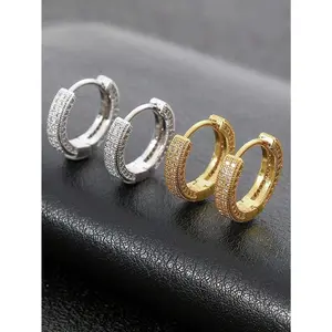 1pair Fashionable Hip-Hop Punk Full Rhinestone Copper Alloy Hoop Earrings, Gold/Silver Color, Suitable For Men And Women For Daily Wear