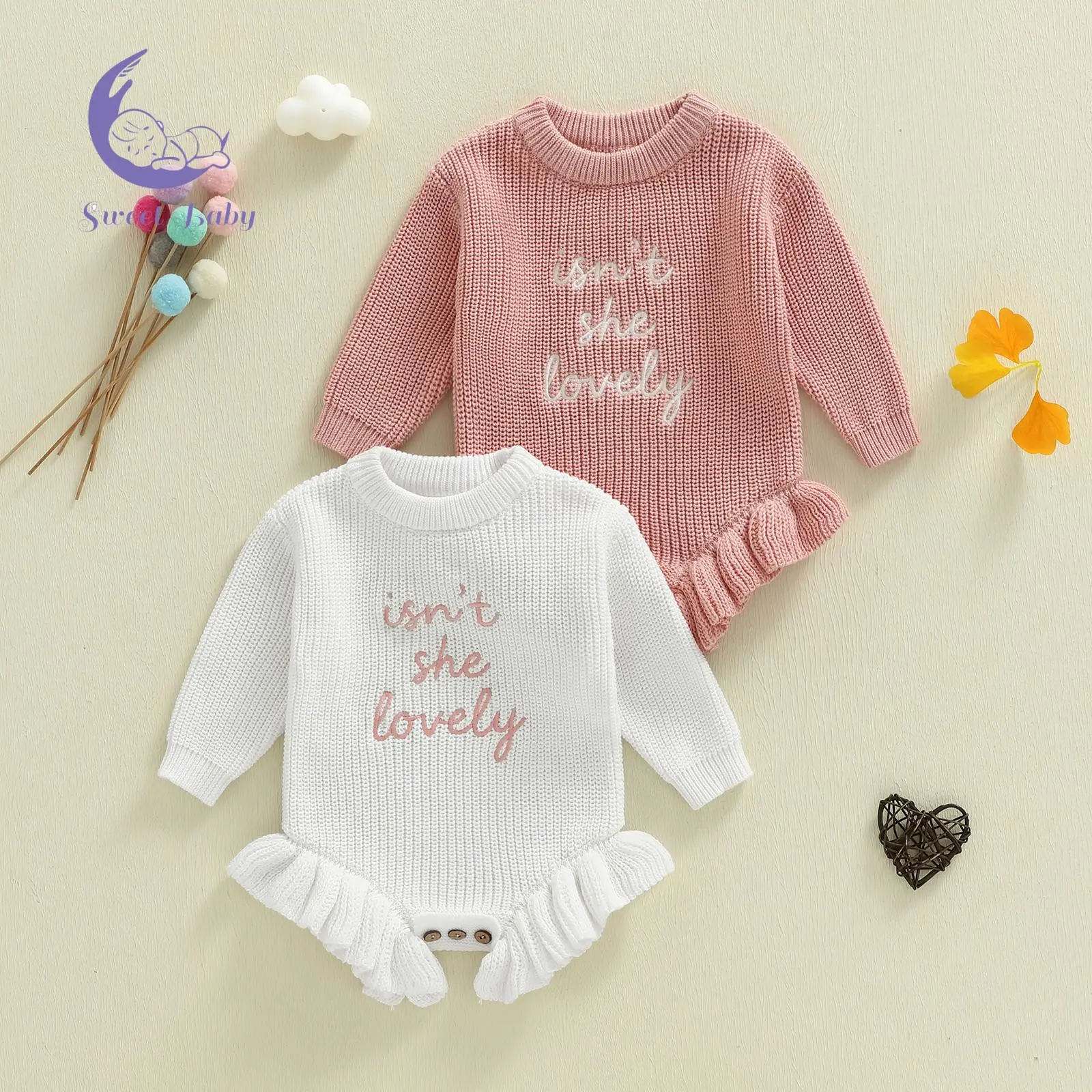 Girl Baby Cotton Blend Knit Romper - Infant Jumpsuit, Long Sleeve, Round Neck, Letter Print, Ruffle Hem Bodysuit, One-Piece Romper