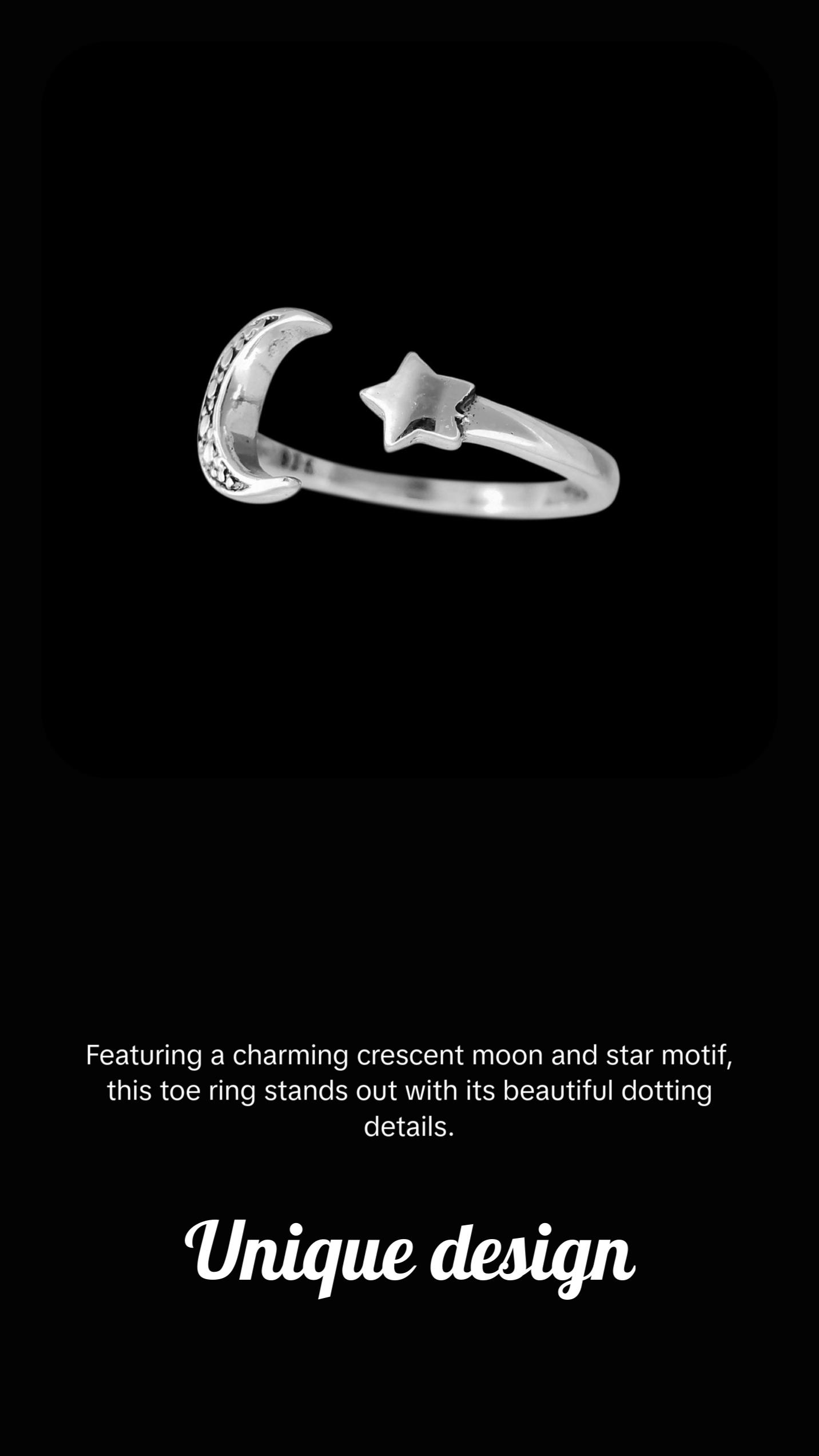 925 Sterling Silver Crescent Moon and Star Adjustable Toe Ring