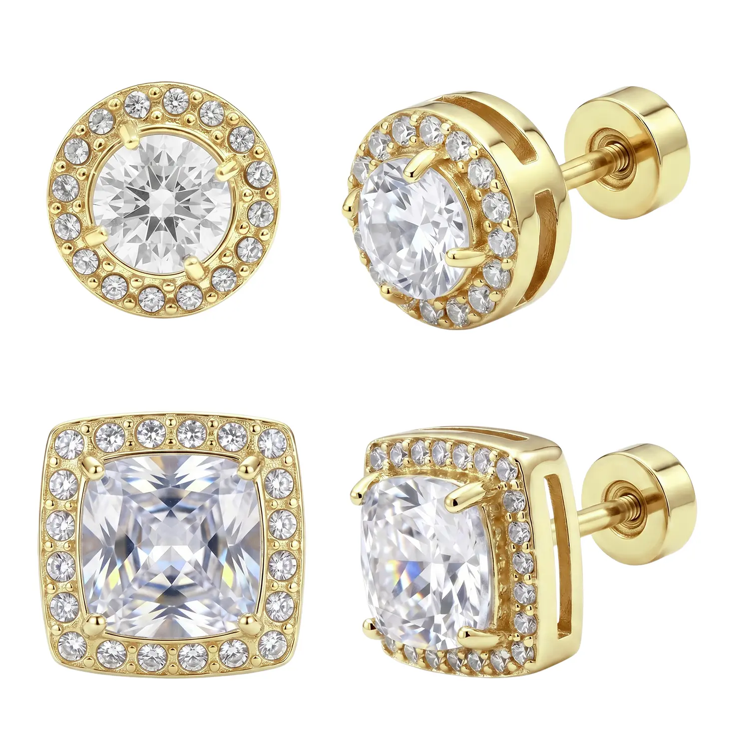 4-Pack Flat Back Round Square Stud Earrings for Men Women Large Big Cubic Zirconia Stud Earrings Mens Earrings Flatback Earrings