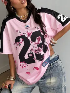Women's Y2K Cherry Blossom Number Print Oversized Football Jersey Top, Streetwear V-Neck Short Sleeve Tee For Daily & Street Outfits