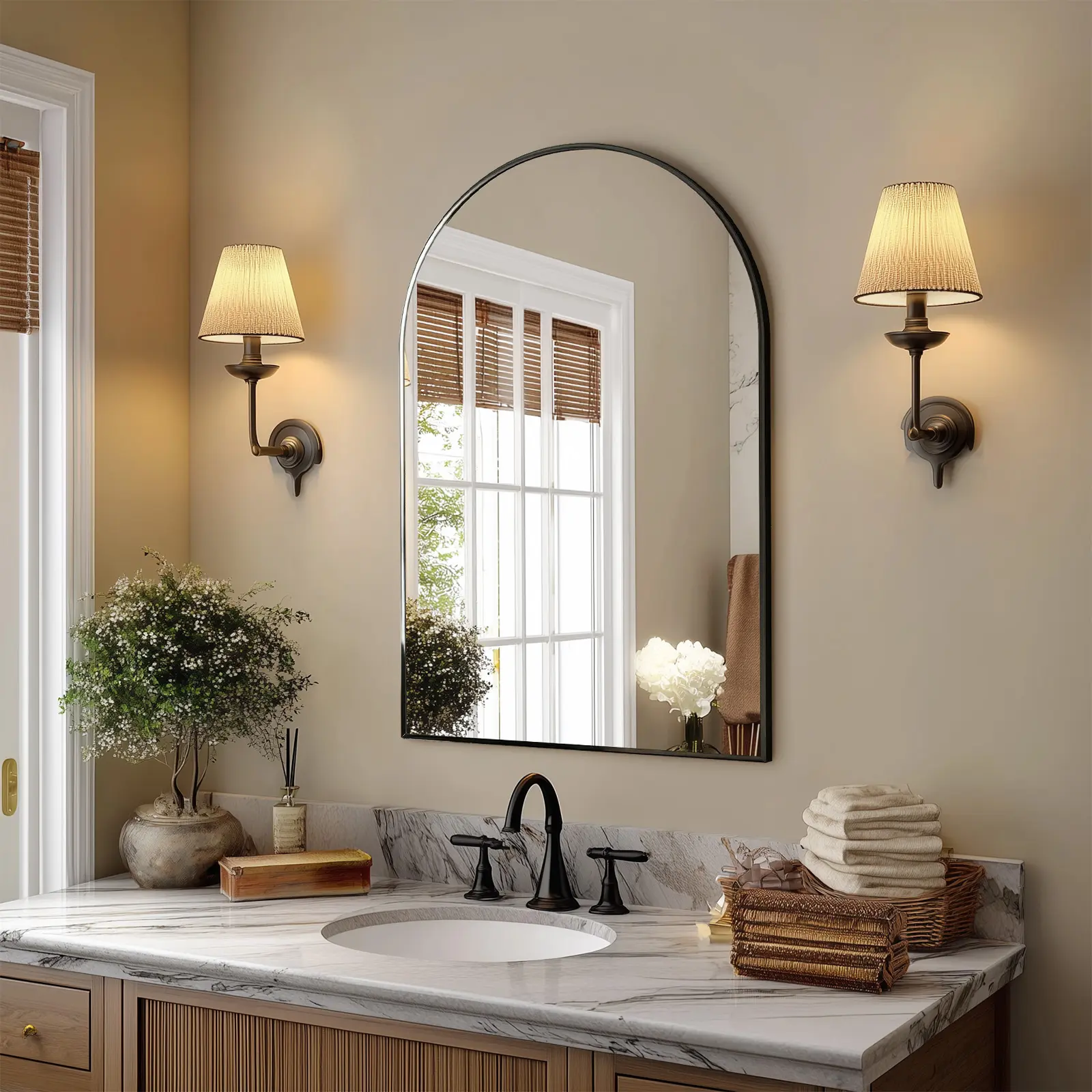 Timeless Arched Elegance 30"x20" Arched Wall Mirror with Rust-Proof Metal Frame Anti-Fog & Explosion-Proof Elegant Vanity Mirror for Bathroom Bedroom Entryway Living Room Decor Modern Luxury Design Aluminium Curve Safety Black Glass