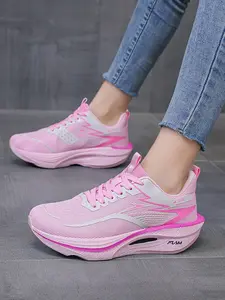 Women's High-Quality Laced Colorful Sporty Running Shoes, Thick Carbon Board Sole, Fashionable Ice Silk Breathable Fabric, Outdoor Sports, Daily Wear
