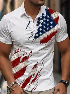 American Style Men's Short Sleeved Polo Shirt with White Checkered Base & Personalized Star Striped Flag Splatter Print Casual Menswear Top Tropical Shortsleeve Classic Stylish