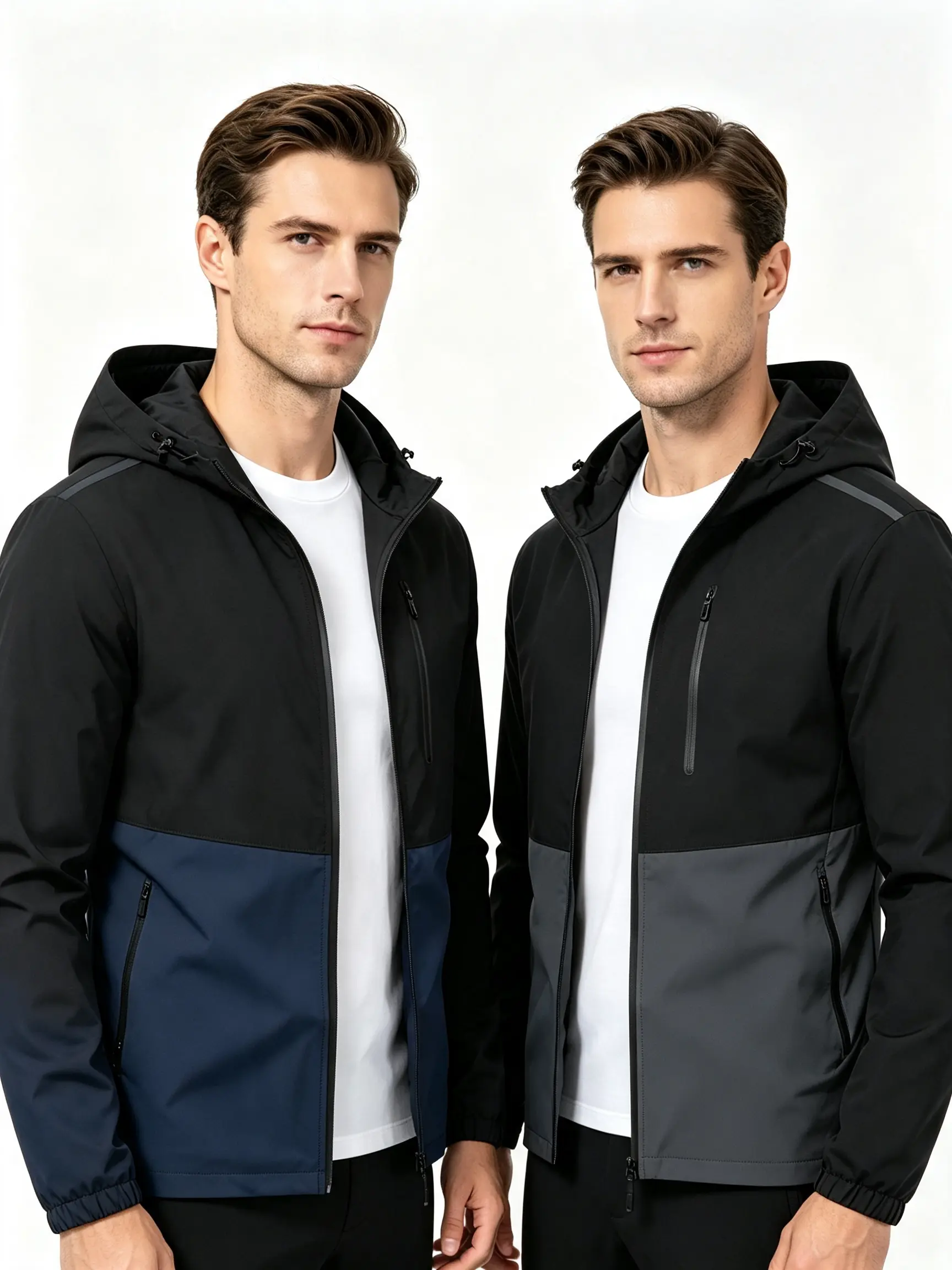 Men's 2-Piece Color-Block Hooded Jacket Set - Windproof, Waterproof, Lightweight, Elastic, Comfortable Casual Outdoor Windbreaker for Travel, Golf