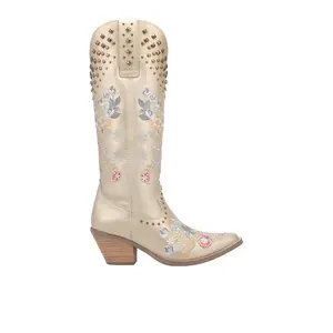 Dingo Womens Poppy Floral Embroidered Metallic Studded Snip Toe Pull On  Casual Boots Knee High Mid Heel 2-3" - Gold