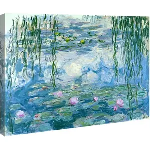 Wieco Art Large Framed Wall Art Water Lilies by Claude Monet Canvas Print Paintings Reproduction Modern Canvas Wall Art for Living Room Decoration Abstract Artwork Silver Frame