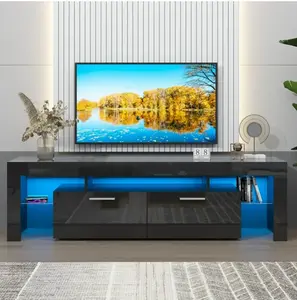 Modern LED TV Stand for 70 Inch TV, High Gloss Entertainment Center with RGB LED Lights and Storage Shelves, Black / White Media Console for Living Room