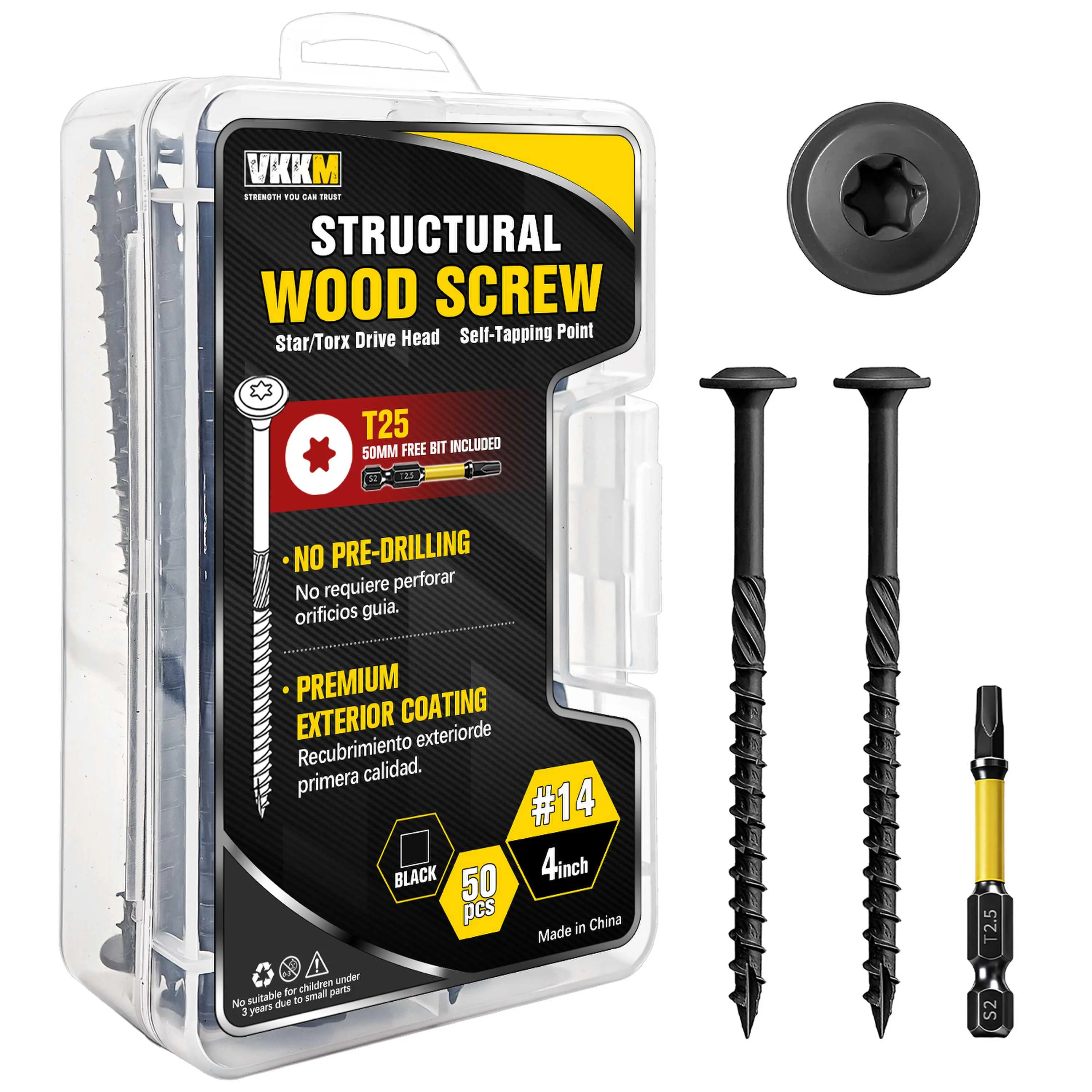 VKKM 50Pcs #14 x 4 Inch Structural Lag Screws, T25 Torx Star Drive Heavy Duty Wood Screws, Black Exterior Rust Proof Construction Screws with Free T25 Bit for Deck Framing Outdoor Wood Building