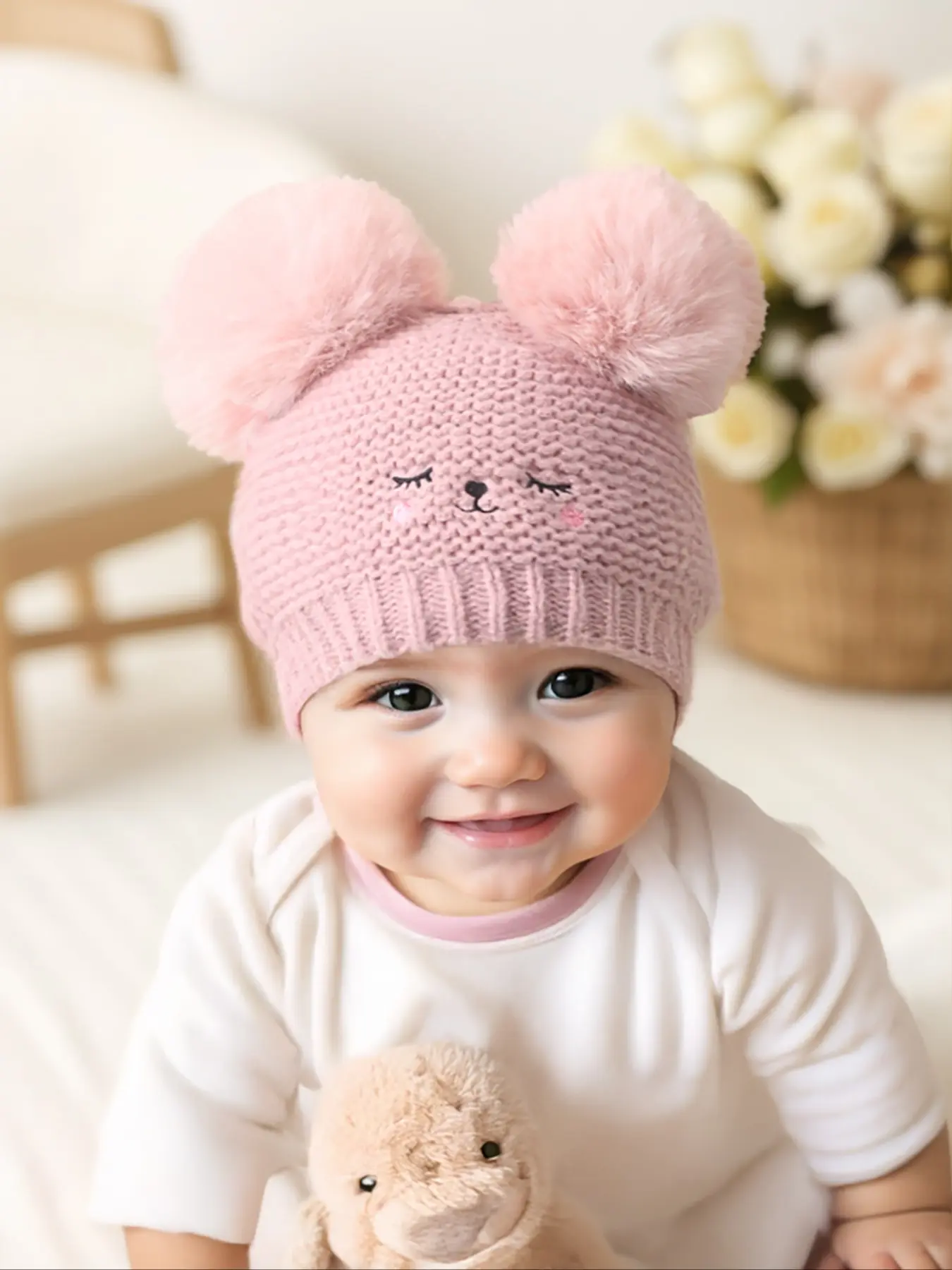 Newborn Knit Hat Bunny Bonnet with Bunny Ears for Babies 1-3 Years Old, Warm Winter Beanie for Outdoor Use, Casual Style Moderate Fabric, Daily Commute Cap