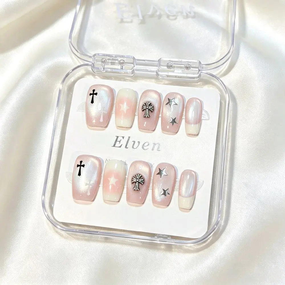 Handmade Pink Cat Eye Gradient French Tip Press On Nails, Metal Cross Charms & Silver Star Accents, Short Square Reusable Fake Nails for Y2K Gothic Streetwear Aesthetic