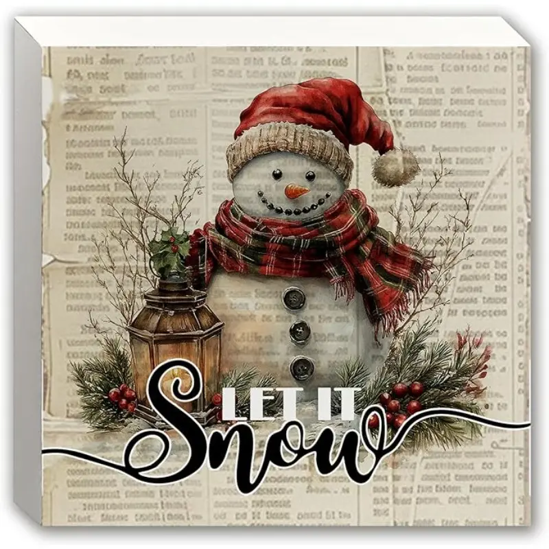 Let It Snow Sign, Christmas Snowman Wooden Box Sign, Snowman Christmas Decorations, Vintage Country Xmas Dictionary Wood Block Signs for Home Office Desk Shelf Table Decor, 5x5 Inch