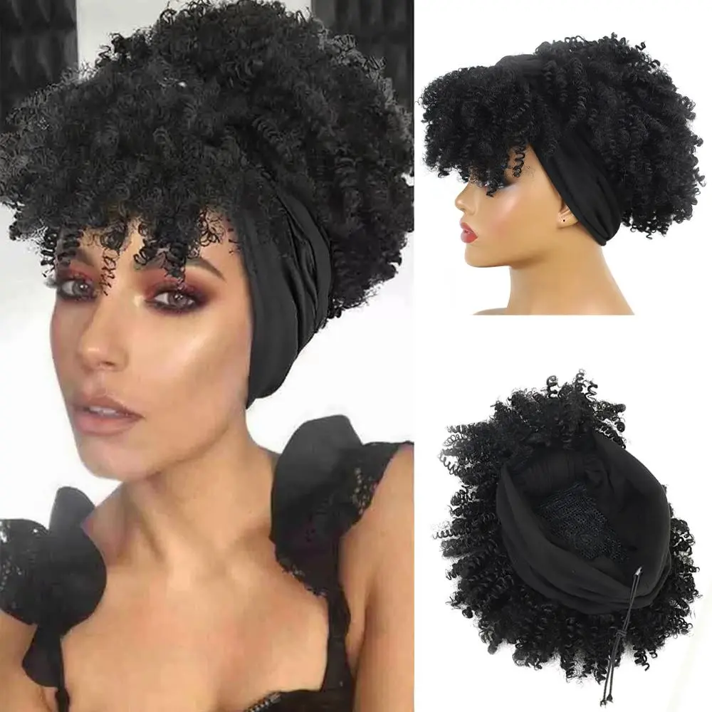 Short Curly Headband Integrated Wig, Synthetic Afro Fluffy Curly Wig, 8-Inch High Elastic Curly Scarf Wrap Wig for Women Daily Wear