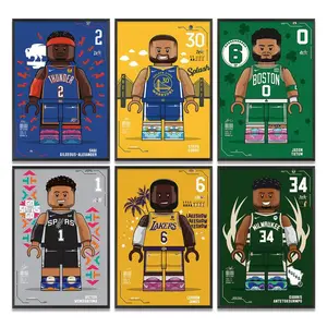 Curry, LeBron, Tatum, Wembanyama, Jokic, Giannis basketball star building block style cartoon art canvas painting, signed poster, featuring legends and rising stars, team star players, home decor artwork
