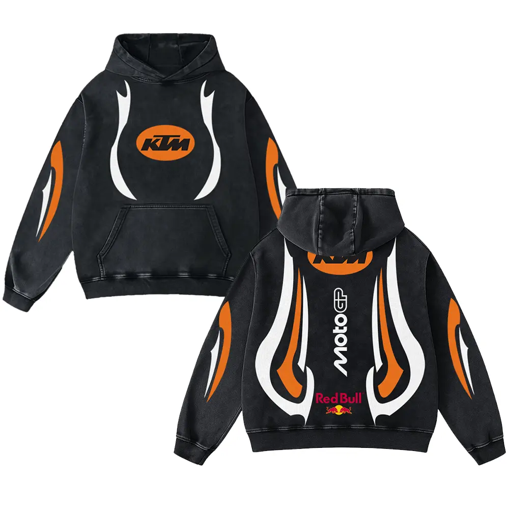 Retro KTM Redbull Racing Washed Hoodie MotorGP World Champion Enthusiast Apparel Streetwear Racing Team Super Motorsports Clothing Motobike Riders Supermotor Off-Road Dirt Bike Fan Gear Cotton For Motor Fan