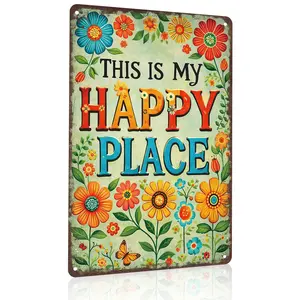 Cheerful Bohemian 8x12 Inch Aluminum Metal Sign |   Colorful Whimsical Floral Happy Place Home Decor, Fits Entryways, Bathrooms, Bedrooms, Boho Farmhouses & Cottage Style Living Walls. Vibrant Distressed Tin Plaque, Eye-Catching Shareable TikTok Sign