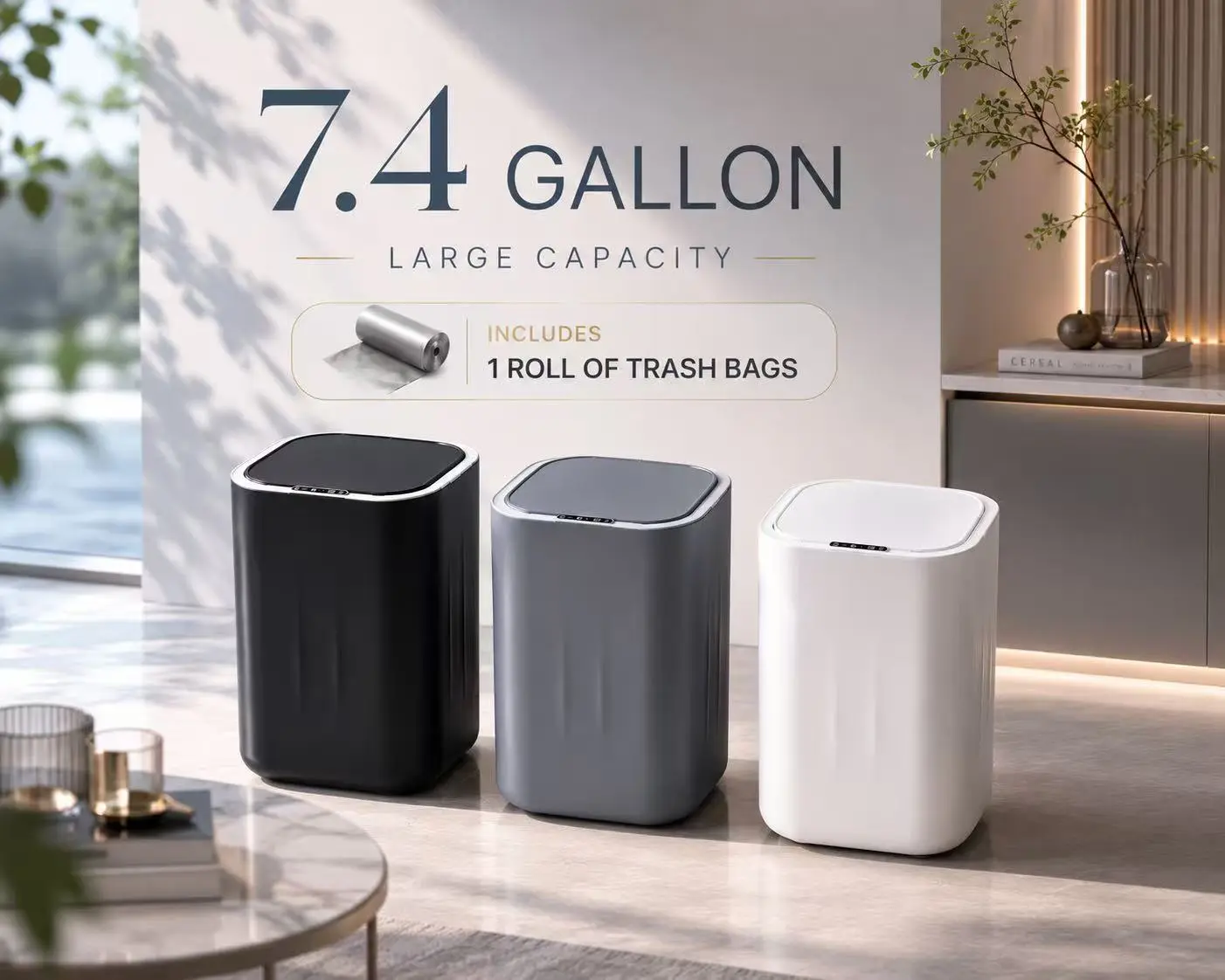 28L (7.4 Gal) Automatic Sensor Trash Can, Touch-Free Smart Bin with Smooth Quiet Closing System, Minimalist Bathroom Bin, Easy-to-Clean Trash Cans for Kitchen & Countertop Use, Countertop Bathroom Bins Restroom White