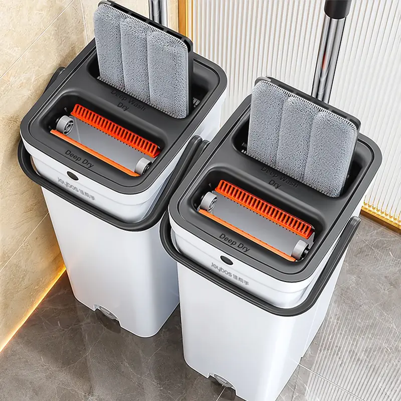 Mop and Bucket Set, Flat Mop System with Wringer, Wet & Dry Floor Mop, 4 Reusable Microfiber Pads, Clean & Dirty Water Separation System, Self Cleaning Feature