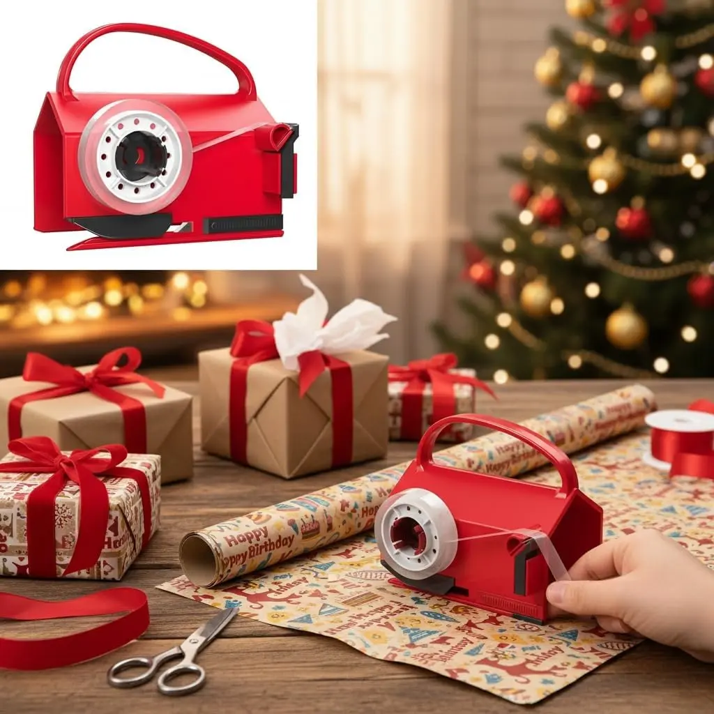 2-in-1 Wrapping Cutter & Tape Dispenser Tool - Compact & Organized Sliding Tool with 4 Tapes, Replacement Blades - Safe, Precise Cutting for Cellophane, Kraft Paper, Fits Inside Wrapping Organizers, 2-In-1 Tool