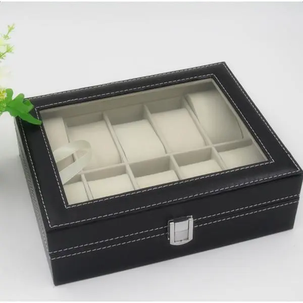 10-Compartment High-Grade Leather Watch Storage Box, Black Portable Space-Saving Organizer, Elegant Durable Simple Design, Exquisite Craftsmanship for Watch Collectors to Organize Timepieces