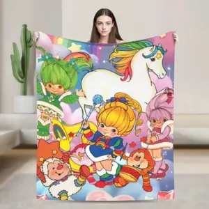 Rainbow Brite Flannel Blanket Vintage 80s Nostalgia Cartoon Aesthetic Soft Warm Throw For Gamer Room Decor Dorm Essential Bed Sofa Home Holiday Gift