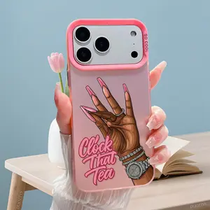 Y2K Baddie "Clock That Tea" Phone Case, Bling Jewelry Hand with Long Pink Nails Print, Pink Gradient Frame Durable PC Shockproof Anti-Scratch Cover for iPhone 17 16 Pro Max 15 Plus 14 13 12 11&Samsung S26 25 24 23 22