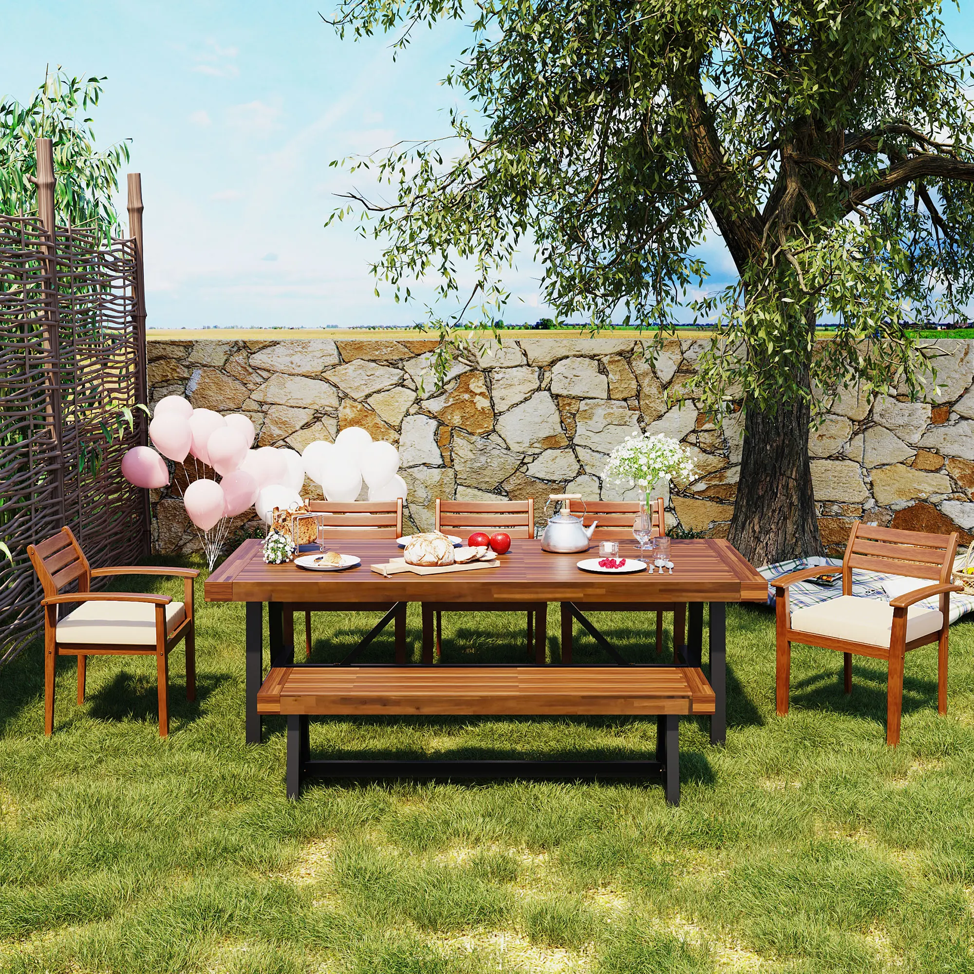 Outdoor Wood Dining Set for 7-8 Guests – Includes Ergonomic Chairs and Bench with Removable Seat Cushions, Thick Rustic Table, Durable Natural Wood Finish, Perfect for Family Dinners and Outdoor Entertaining