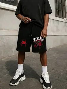 "RECKLESS SPIDER" Street Spider Print Shorts - Black, Cool Vibe  Red spider web + thorny font, heavy cotton fabric, loose straight fit. A must-have for dark high street and Y2K style enthusiasts. # RecklessSpiderStreetShorts #DarkHighStreetStyle