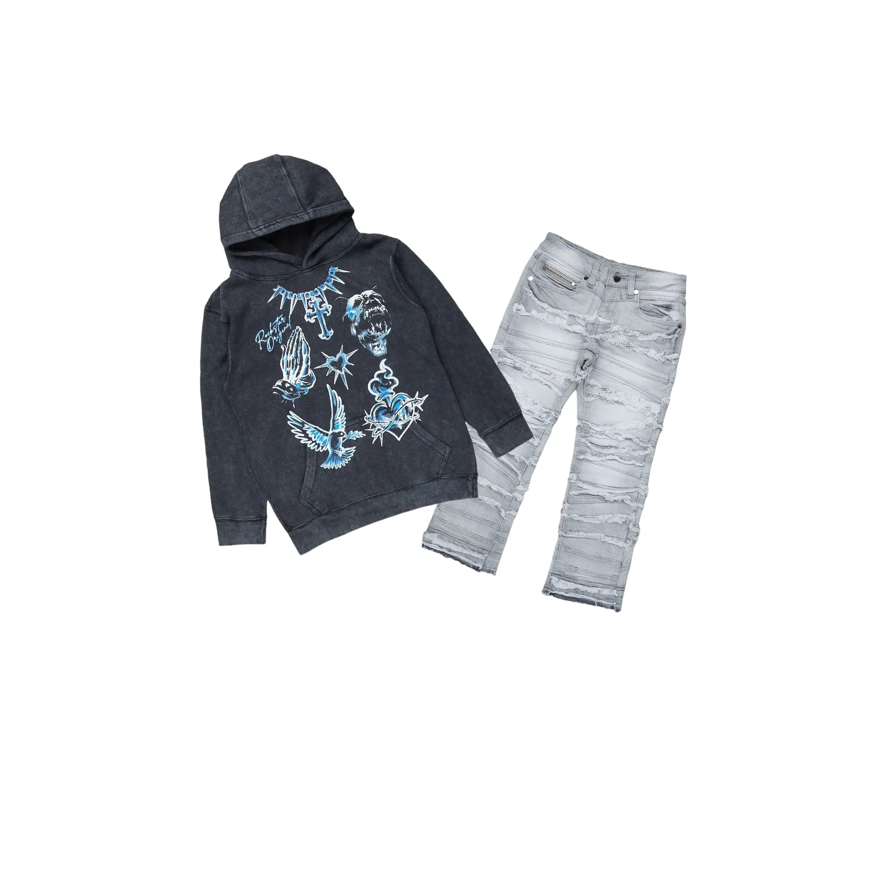 Boys Valar Vintage Black Hoodie/Stacked Flare Jean Set